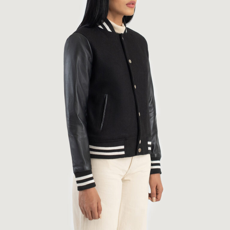 Womens Savant Black Hybrid Varsity Jacket Side Pose-3-1686936271249